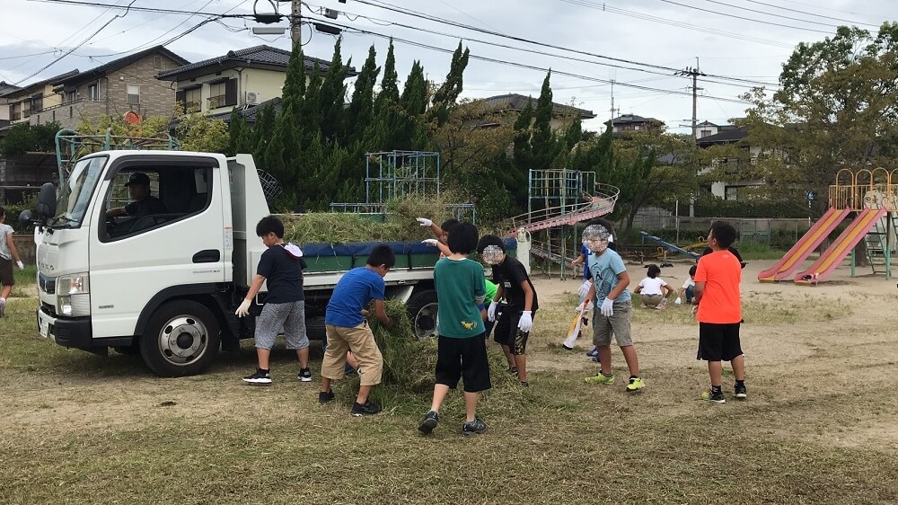 子どもたちが草をトラックに投げ込んでいる写真