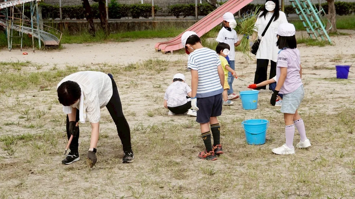 親子一緒に除草している様子