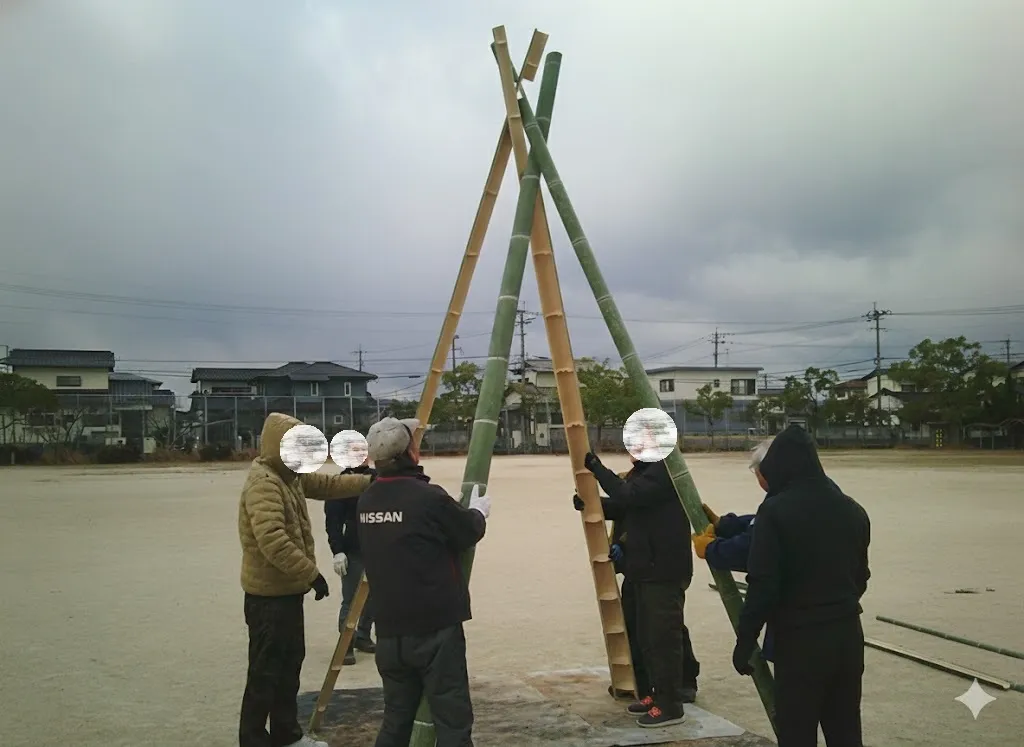 4本の竹を立て掛けている様子